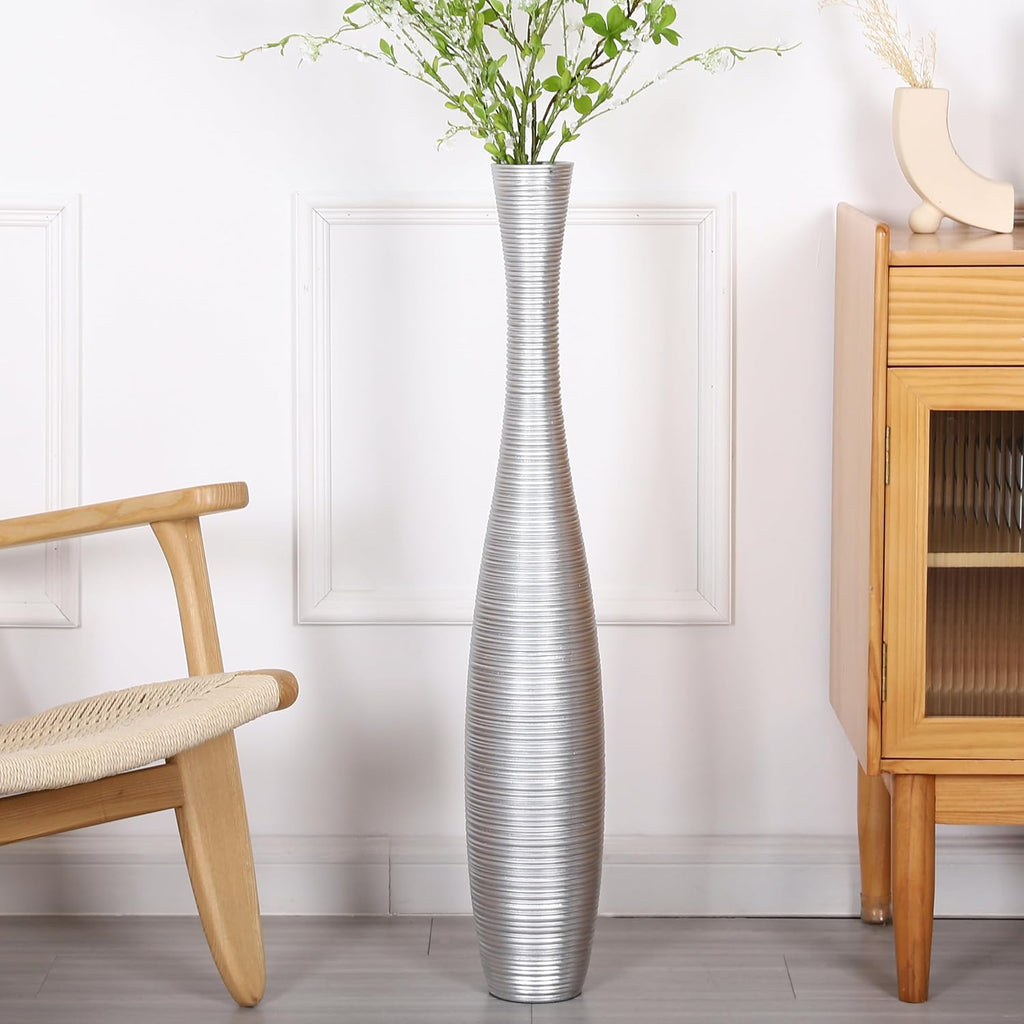 Leewadee Decorative Tall Floor Vase for Living Room Decor, 34 inches, Silver, Resin