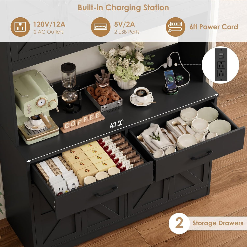 HIFIT 71' Tall Kitchen Pantry Cabinet with RGB LED and Charging Station, Farmhouse Coffee Bar Cabinet with Large Countertop and 6 Hooks, Kitchen Hutch Storage Cabinet, Black