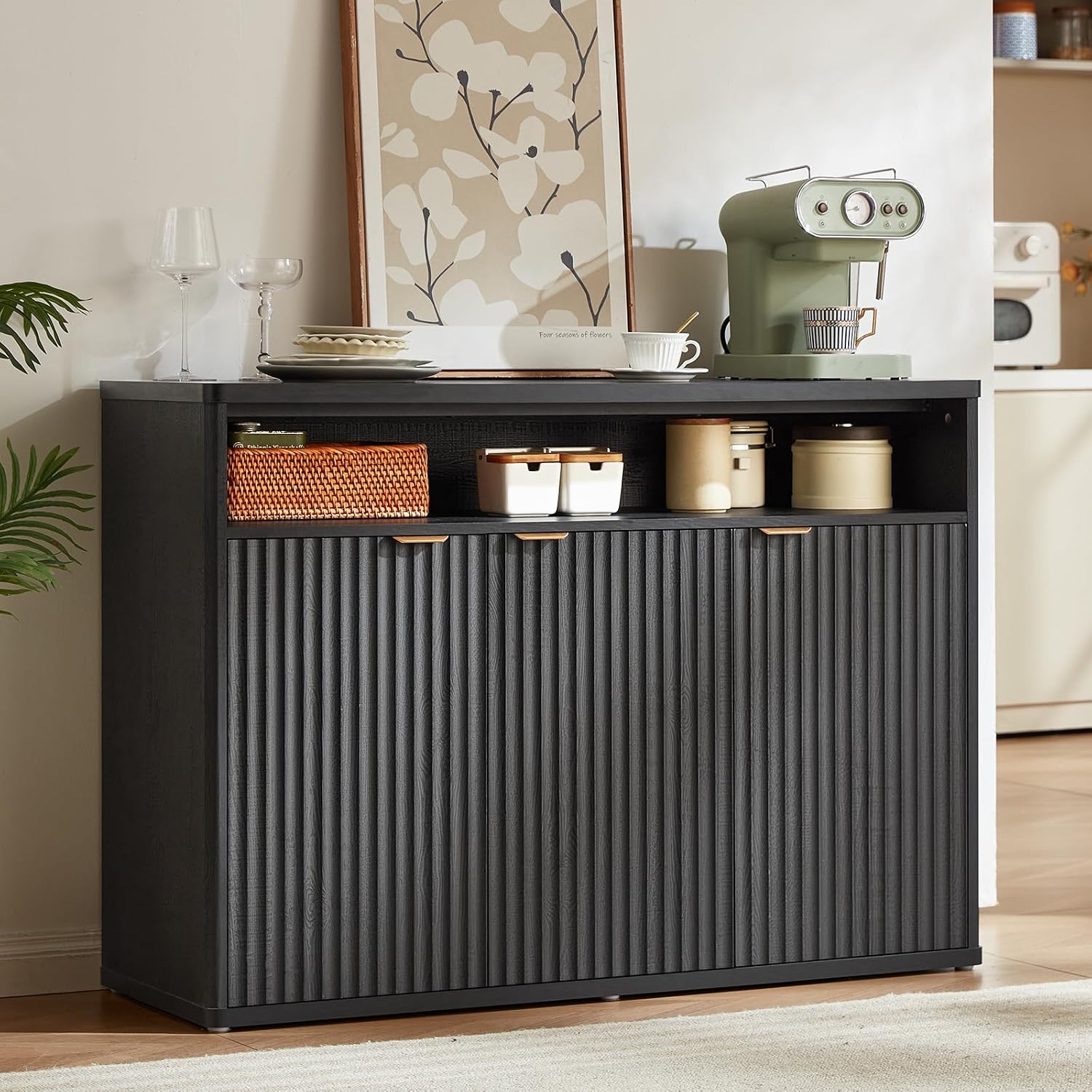 LEYAOYAO Fluted Buffet Cabinet with Storage, 45' Wide Wood Sideboard Credenza with 3 Doors & Open Storage Shelf, Modern Kitchen Console Accent Cabinets, Coffee Bar Table for Dining Room, Black Oak