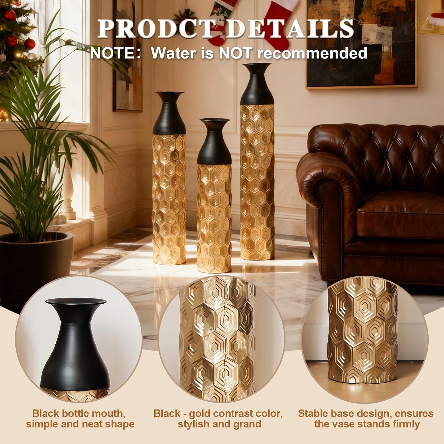 Floor Vases Decorative Tall - 24.8/29.1/33.8 in Metal Cylinder Vases Extra Large Decorative Vase Set of 3 Living Room Luxury Big Standing Decor for Dining Bedroom Home Corner Indoor