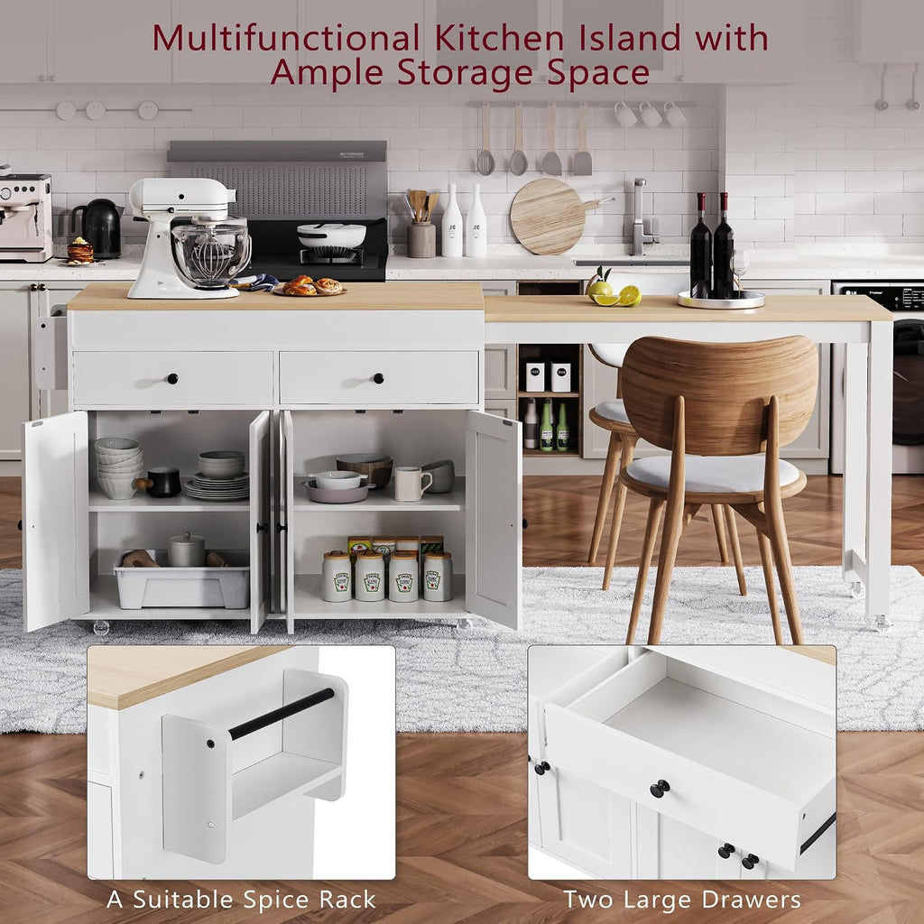 74.5' Rolling Kitchen Island with Extendable Dining Table, Kitchen Storage Cart on Wheels with 2 Drawers, Spice Rack, 4 Door Cabinet for Kitchen, Dining Room, White