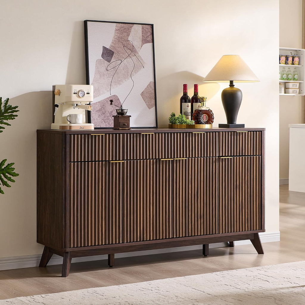 OKD Fluted Storage Cabinet with Drawers, 60' Morden Buffet Sideboard Coffee Bar Cabinet with 4 Doors and 3 Drawers for Dining Room, Living Room,Hallway (Dark Walnut)