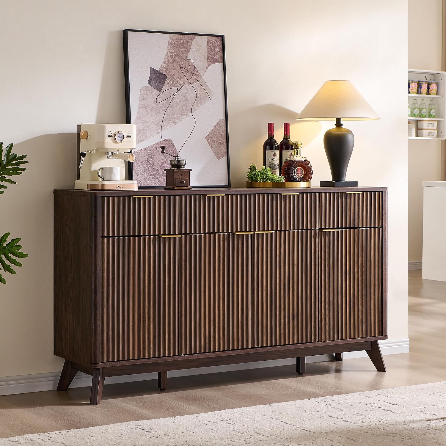 OKD Fluted Storage Cabinet with Drawers, 60' Morden Buffet Sideboard Coffee Bar Cabinet with 4 Doors and 3 Drawers for Dining Room, Living Room,Hallway (Dark Walnut)