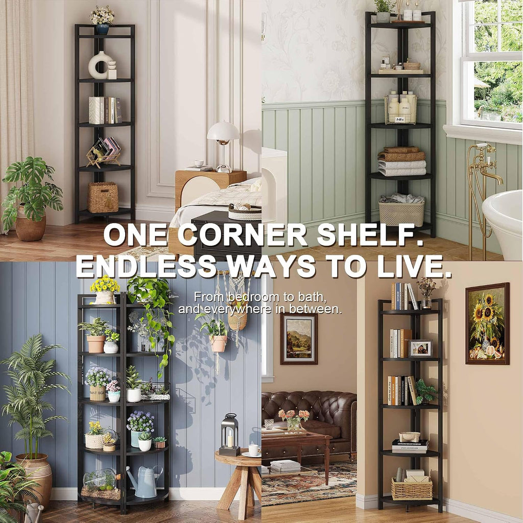 FATORRI Rustic Tall Corner Shelf, 5 Tier Industrial Corner Bookshelf for Living Room, Dark Wood and Metal Corner Plant Stand for Balcony (Black)