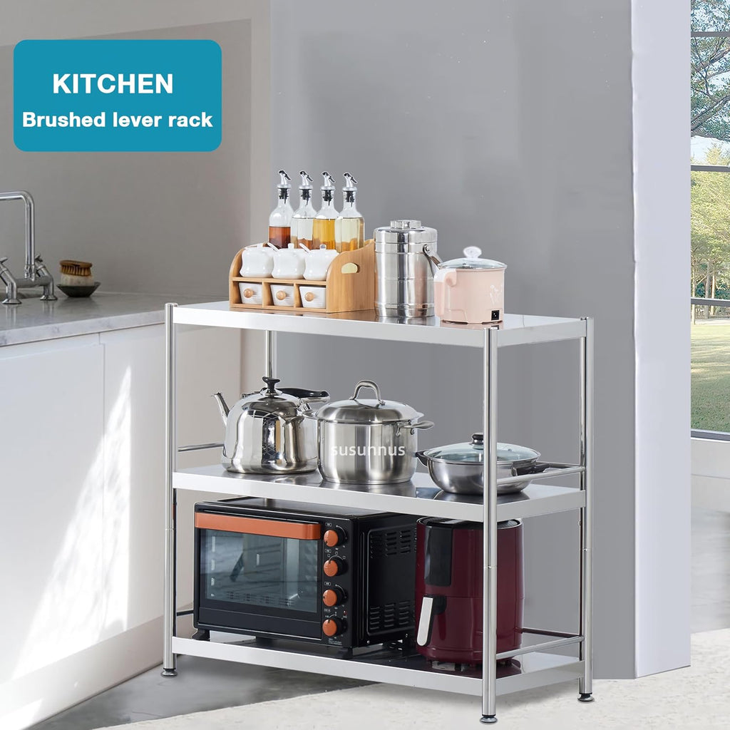 susunnus 23.6in Wide Heavy Duty Shelving Unit,4 Tier Stainless Steel Shelves, Industrial Storage Rack for Kitchen Garage, Steel Rack Shelving Unit for Home and Workshop(23.6in 4T-with Guardrails)