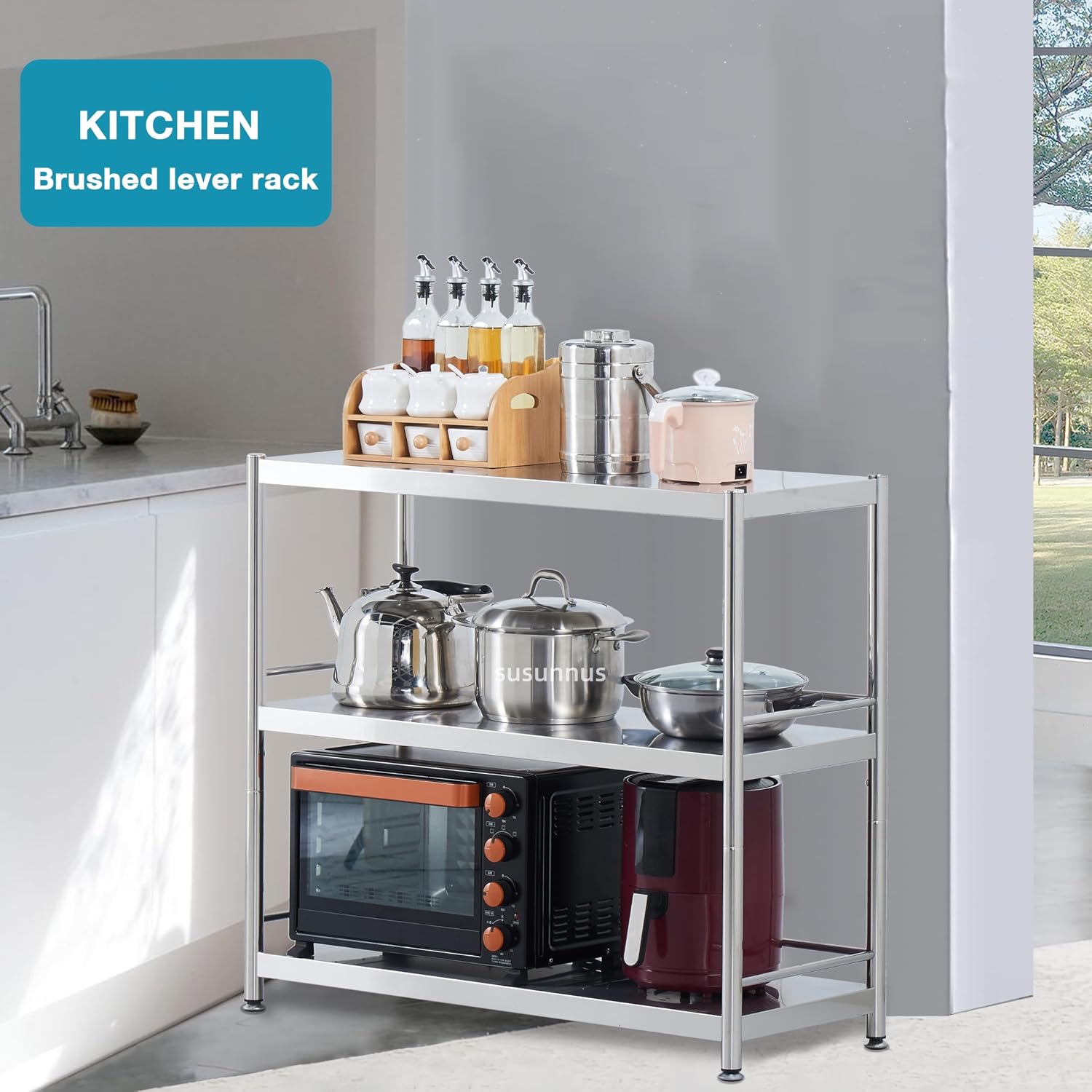 susunnus Stainless Steel Shelves 4 Tier Storage Shelves for Kitchen Garage Shelves Heavy Duty Shelving Metal Shelving Units and Storage Kitchen Industrial Storage Rack(with Guardrails)