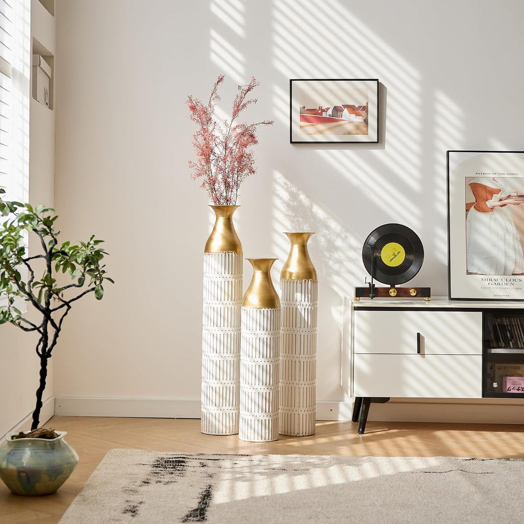 Floor Vases Decorative Tall - 24/28.7/33.5in Glazed Metal Extra Large Decorative Vase Set of 3, White Tall Floor Vase for Home Decor, Living Room Entryway Decor Dining Bedroom Home Corner Office
