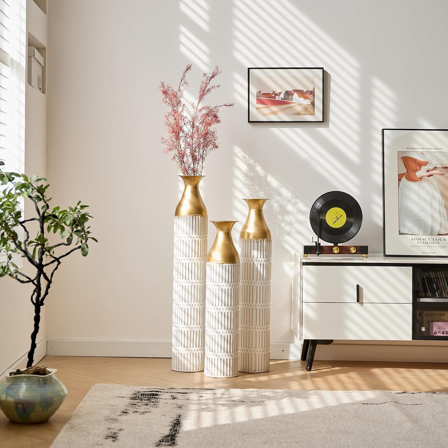 Floor Vases Decorative Tall - 24/28.7/33.5in Glazed Metal Extra Large Decorative Vase Set of 3, White Tall Floor Vase for Home Decor, Living Room Entryway Decor Dining Bedroom Home Corner Office