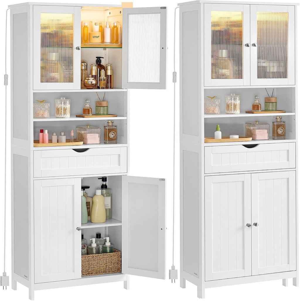 VASAGLE Storage Cabinet with LED Lights, Freestanding Storage Unit with Adjustable Shelves, Drawer, Open Compartments, for Bathroom, Living Room, Kitchen, Cloud White UBBC767WH01S