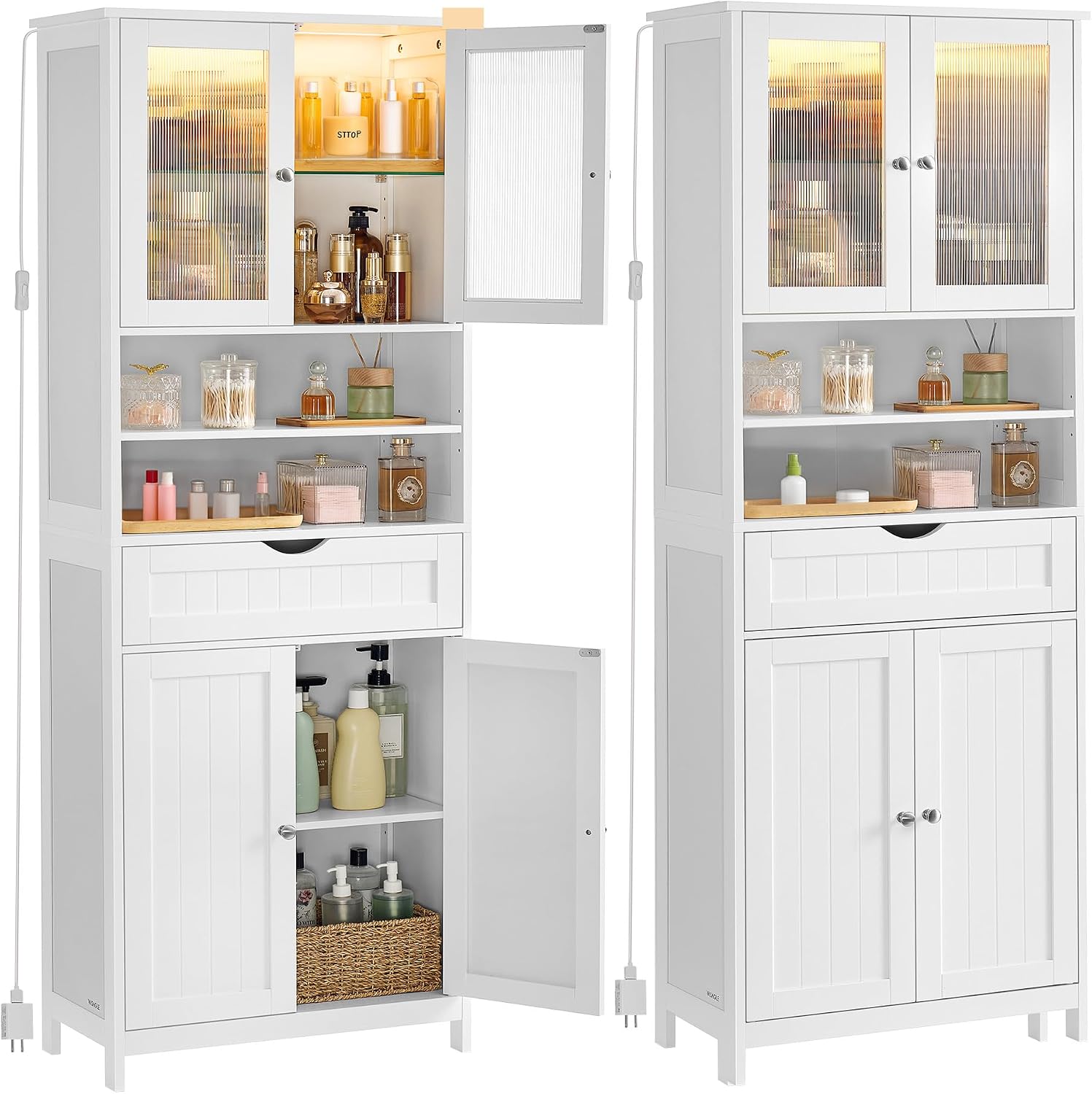 VASAGLE Storage Cabinet with LED Lights, Freestanding Storage Unit with Adjustable Shelves, Drawer, Open Compartments, for Bathroom, Living Room, Kitchen, Cloud White UBBC767WH01S