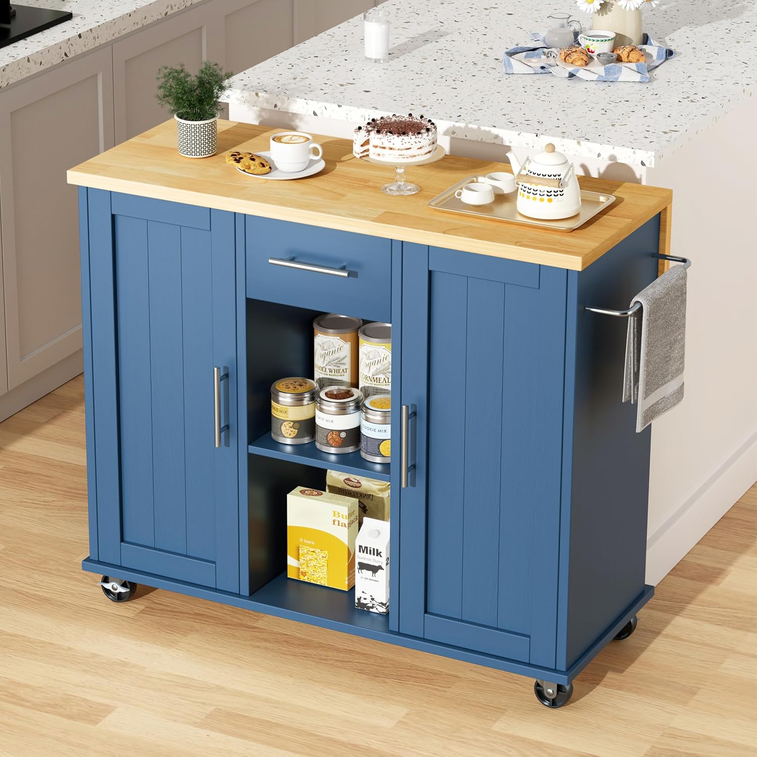 JY QAQA 42' Kitchen Island with Storage on Wheels, Rolling Table with Drop Leaf, Drawers, Cart Handle for Towel Rack or Free Movement, Blue