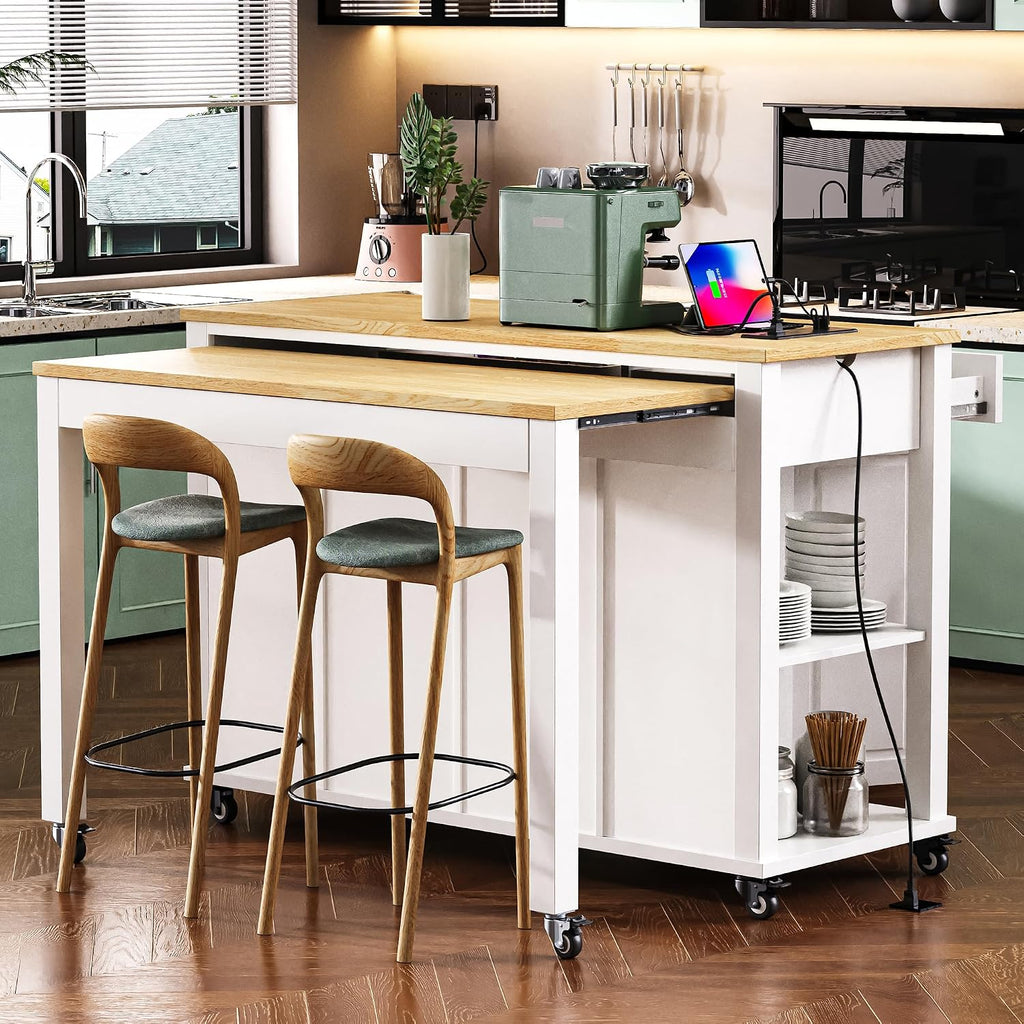47' Kitchen Island with Extendable Dining Table, Rubber Wood Veneer Kitchen Table with Internal Storage Rack, Power Outlet, 2 Drawers, 2 Cabinet for Kitchen, Dining Room White