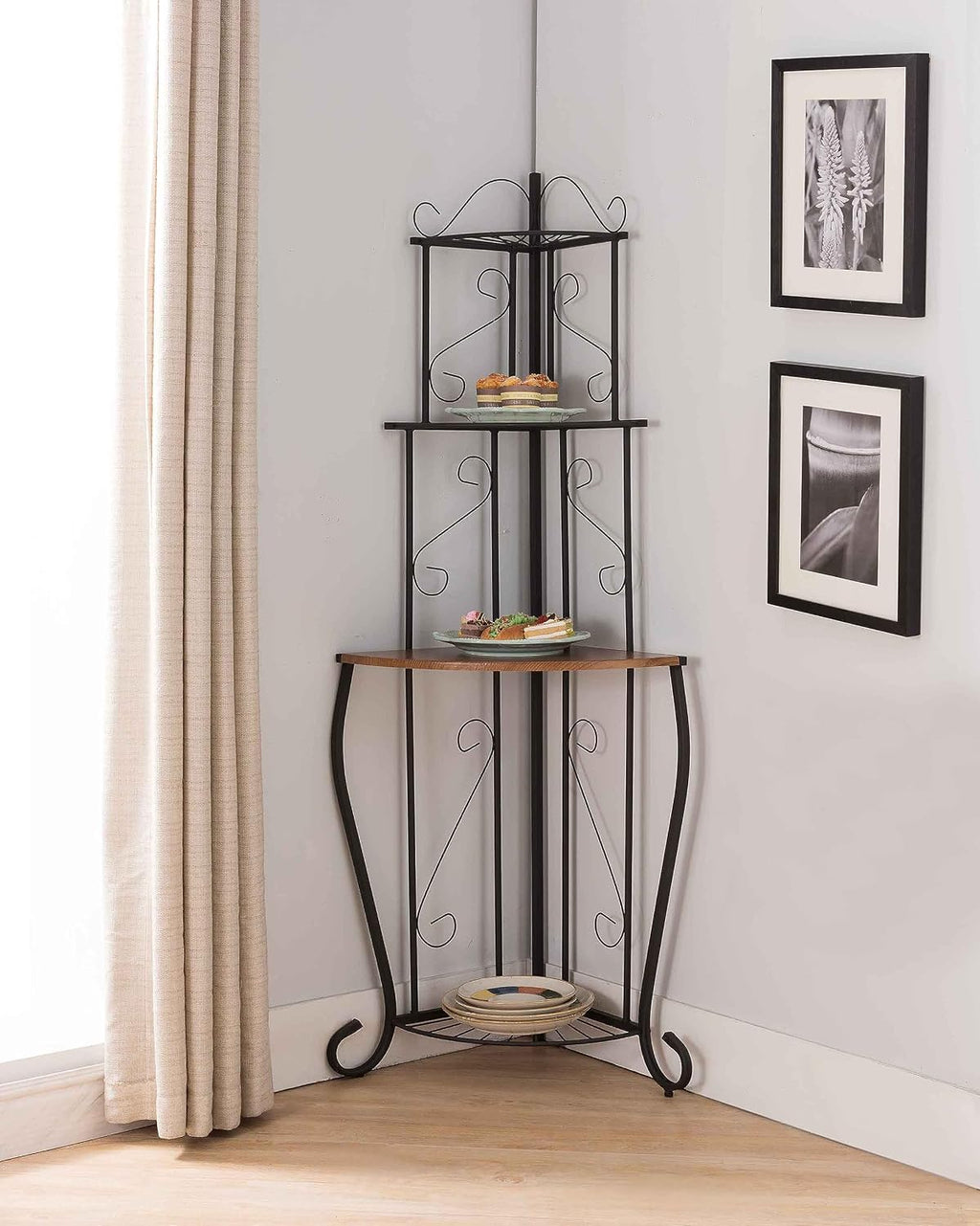 KB Designs - 4-Tier Corner Bakers Rack, Kitchen Storage Shelfs, Black/Walnut