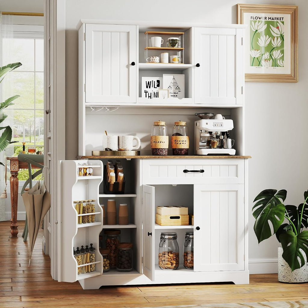 Gizoon Kitchen Pantry Cabinet with Countertop Kitchen Hutch Storage Cabinet 67.7' Tall Pantry Coffee Bar with Storage for Dining Room and Craft Room, White and Rustic