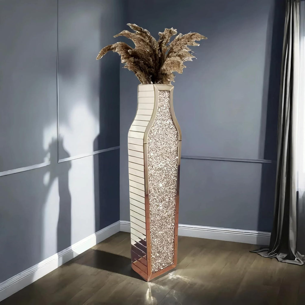 36' Extra Large Double Sided Crushed Diamond Vases, Extra Tall Mirrored Sliver Vase,Floor Vases Decorative Tall, Large Decorative Vase for Home,Office,Hotel Decor(10.6' L x5.37 W x 36' H)