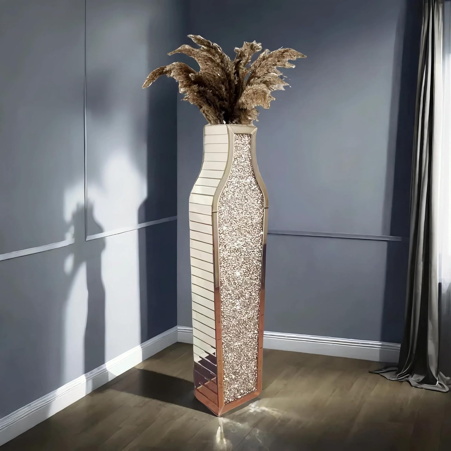 36' Extra Large Double Sided Crushed Diamond Vases, Extra Tall Mirrored Sliver Vase,Floor Vases Decorative Tall, Large Decorative Vase for Home,Office,Hotel Decor(10.6' L x5.37 W x 36' H)