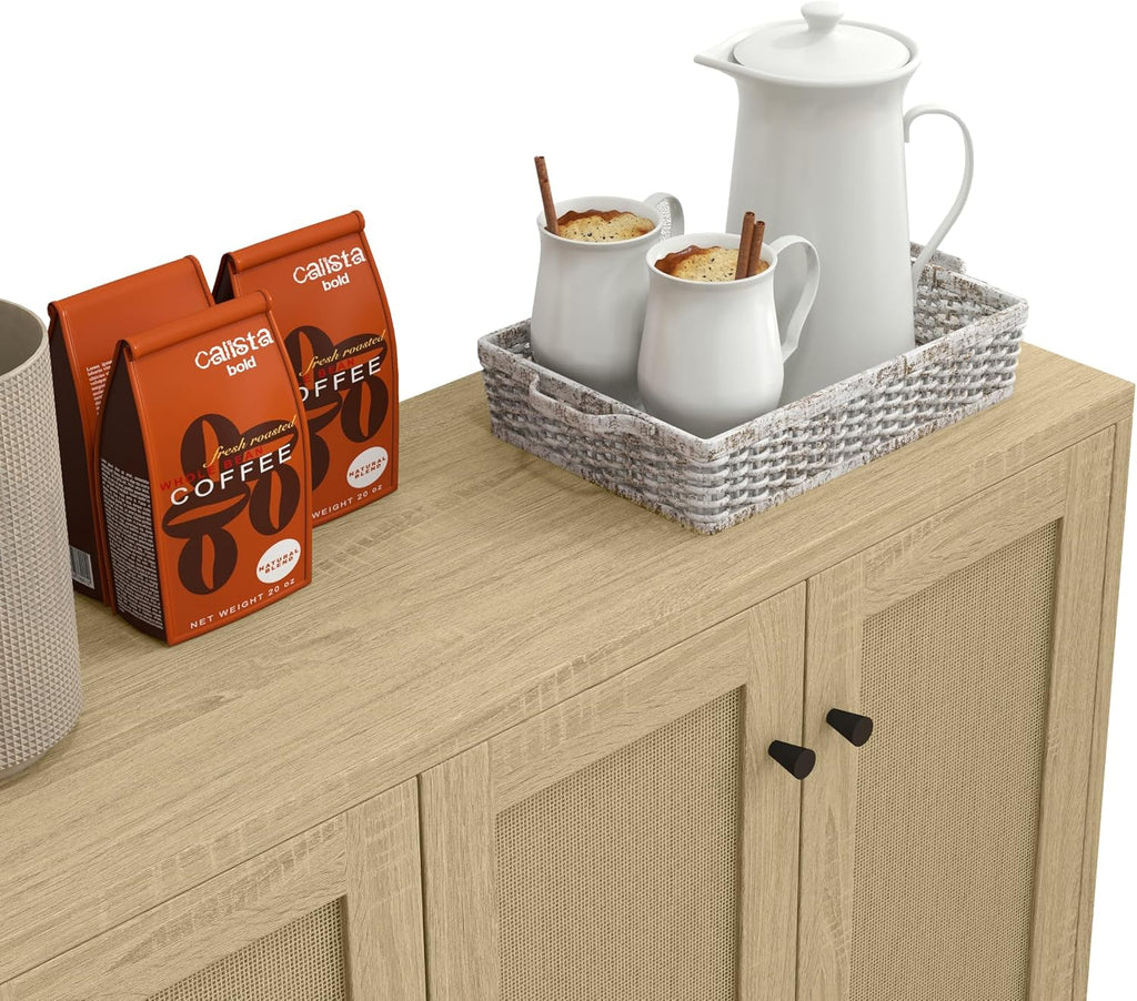 Panana Sideboard Accent Storage Cabinet with Rattan Decorated 4 Doors Dining Room Freestanding Kitchen Buffet Table Cupboard (Natural)