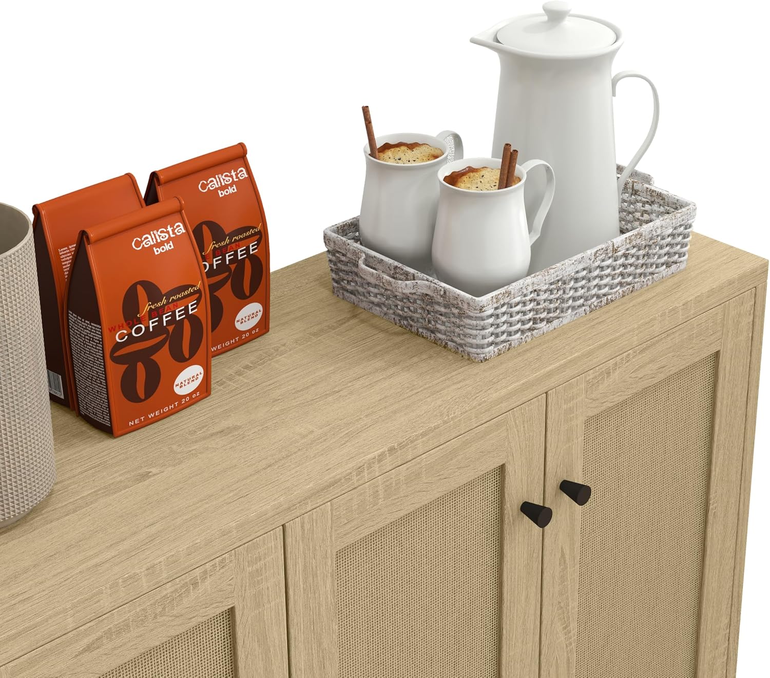 Panana Sideboard Accent Storage Cabinet with Rattan Decorated 4 Doors Dining Room Freestanding Kitchen Buffet Table Cupboard (Natural)