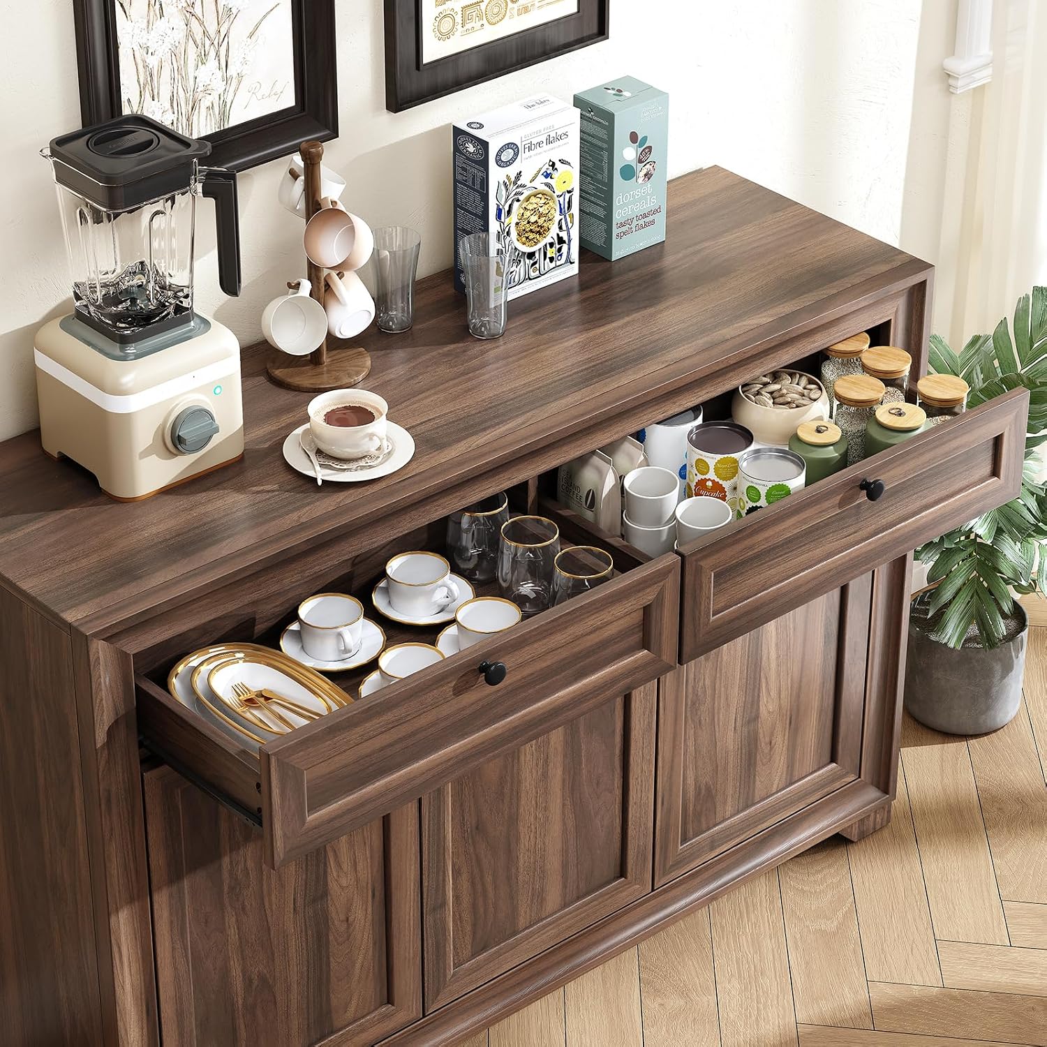 ONBRILL 48 Inches Sideboard Buffet Cabinet with Storage, Farmhouse Sideboard with 2 Drawers and 3 Doors, Wood Coffee Bar Cabinet with Adjustable Shelves for Living Room, Kitchen, Hallway, Brown
