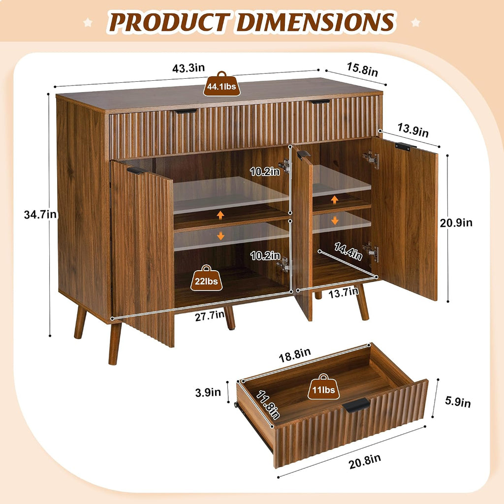 LYNCOHOME Fluted Sideboard Buffet Cabinet with Storage,2 Drawers and 3 Doors,Wood Coffee Bar Cabinet with Solid Wood Feet for Kitchen,Hallway