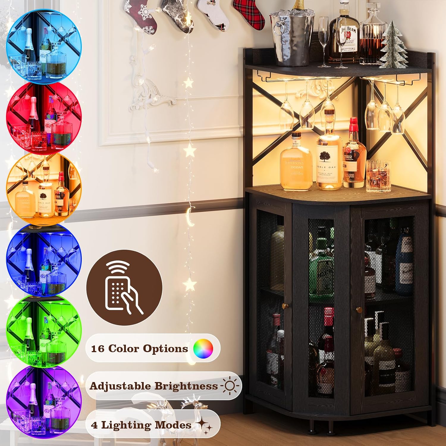 JKsmart Corner Bar Cabinet with LED Lights,4-Tier Wine Bar Cabinet with Glass Holder,Industrial Liquor Cabinet with Door and Shelf,Farmhouse Home Bar for Liquor Wine Coffee Storage,Black