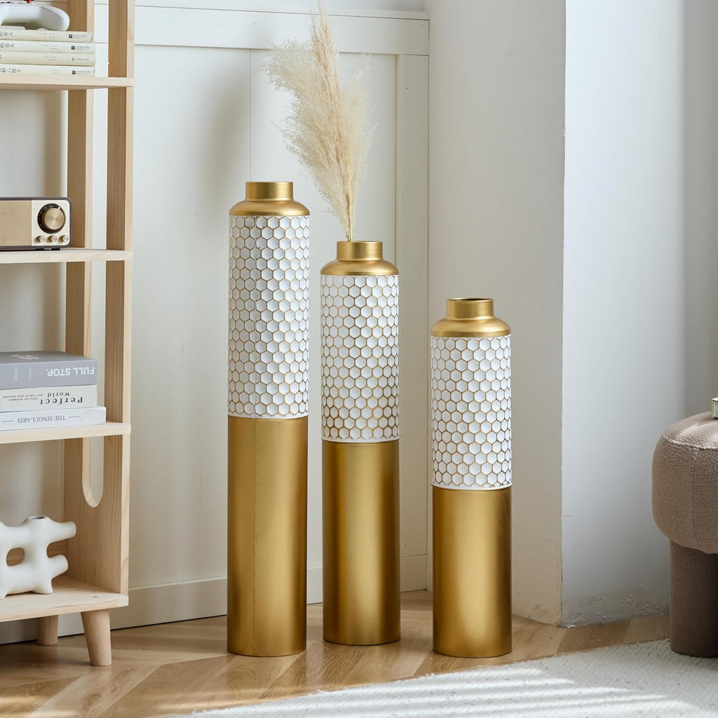 Gorgeous 3-Piece Set of White & Gold Metal Vases - Modern Droplet Shaped Home Decor for Stylish Living Spaces!