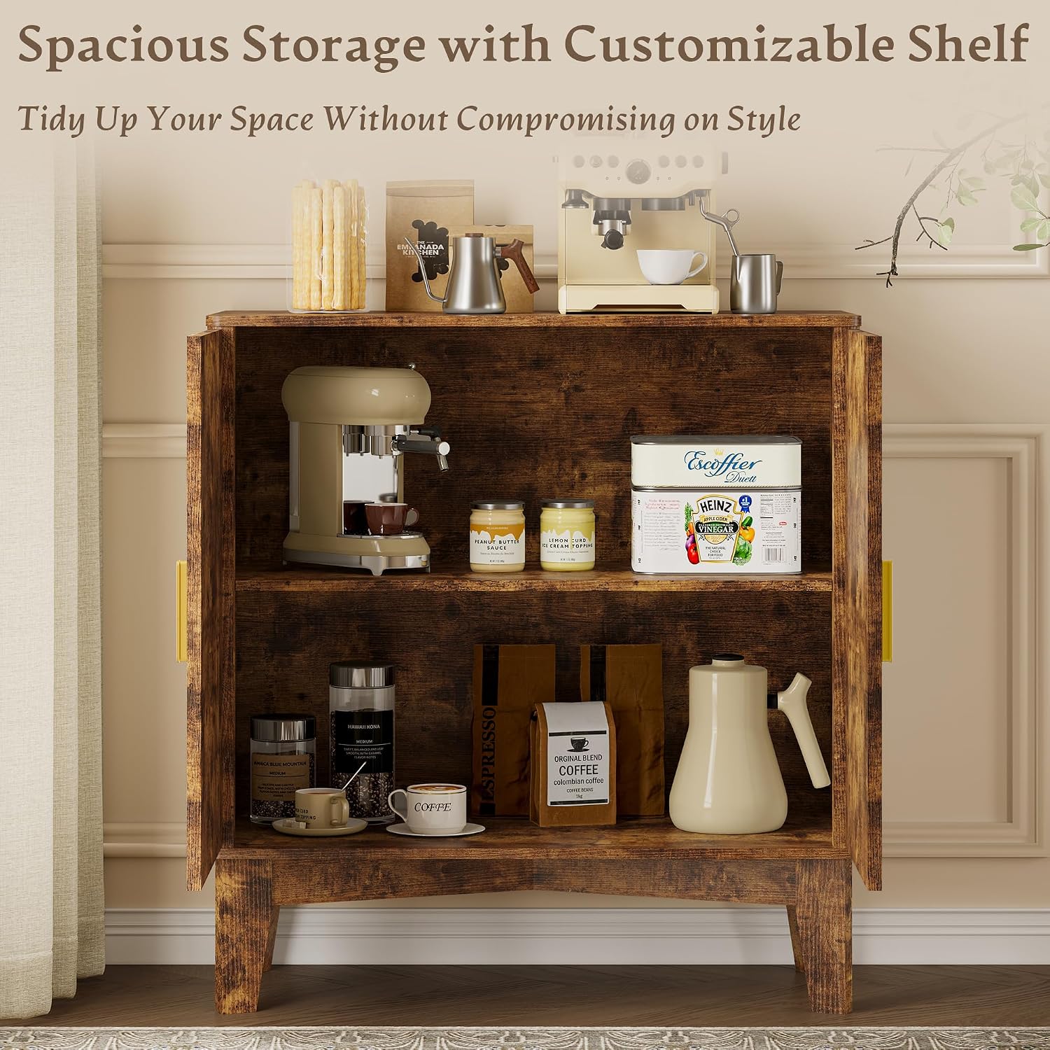 BORNOON Storage Cabinet with Doors and Adjustable Shelf, Modern Fluted Sideboard Buffet Cabinet, Freestanding Coffee Bar for Kitchen, Pantry, Entryway, Living Room (Rustic Brown)