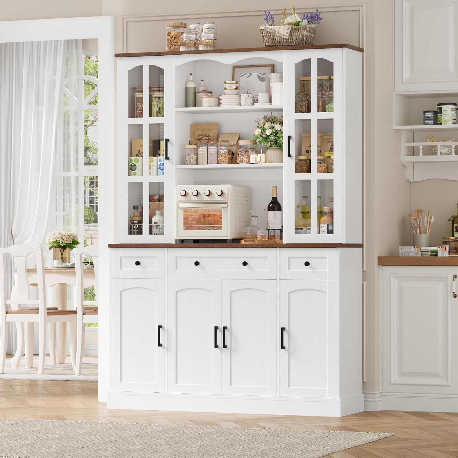 Keyluv 74.8' H Tall Pantry Cabinet with Microwave Stand and 3 Drawers, Large Kitchen Hutch Storage Cabinet with Glass Door and Adjustable Shelves for Kitchen, Dining Room, Living Room, White