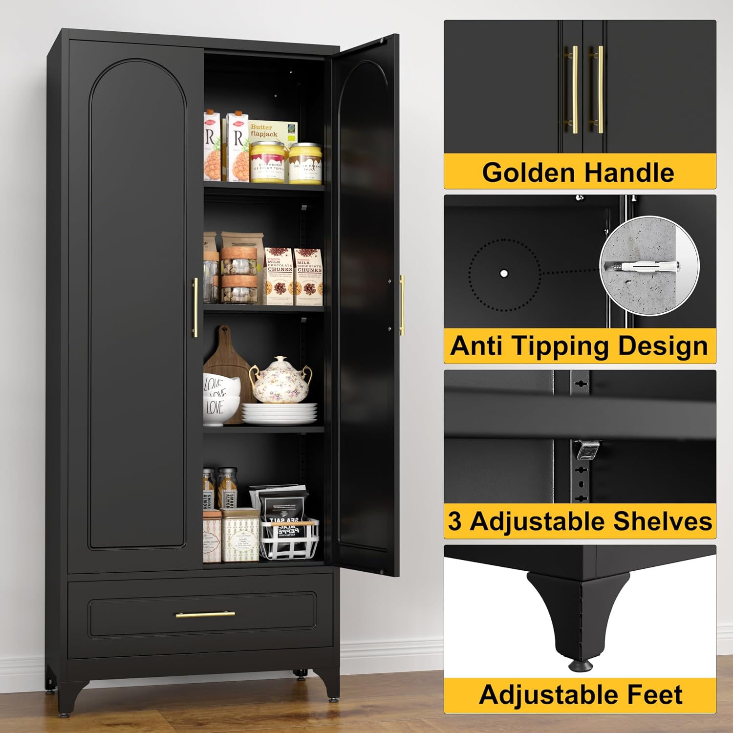 SteeLoong Metal Storage Cabinet with Drawers,75Inch Black Pantry Cabinets for Kitchen Storage with 3 Adjustable Shelves,Tall Kitchen Pantry Cabinet for Living Room, Dining Room，Office