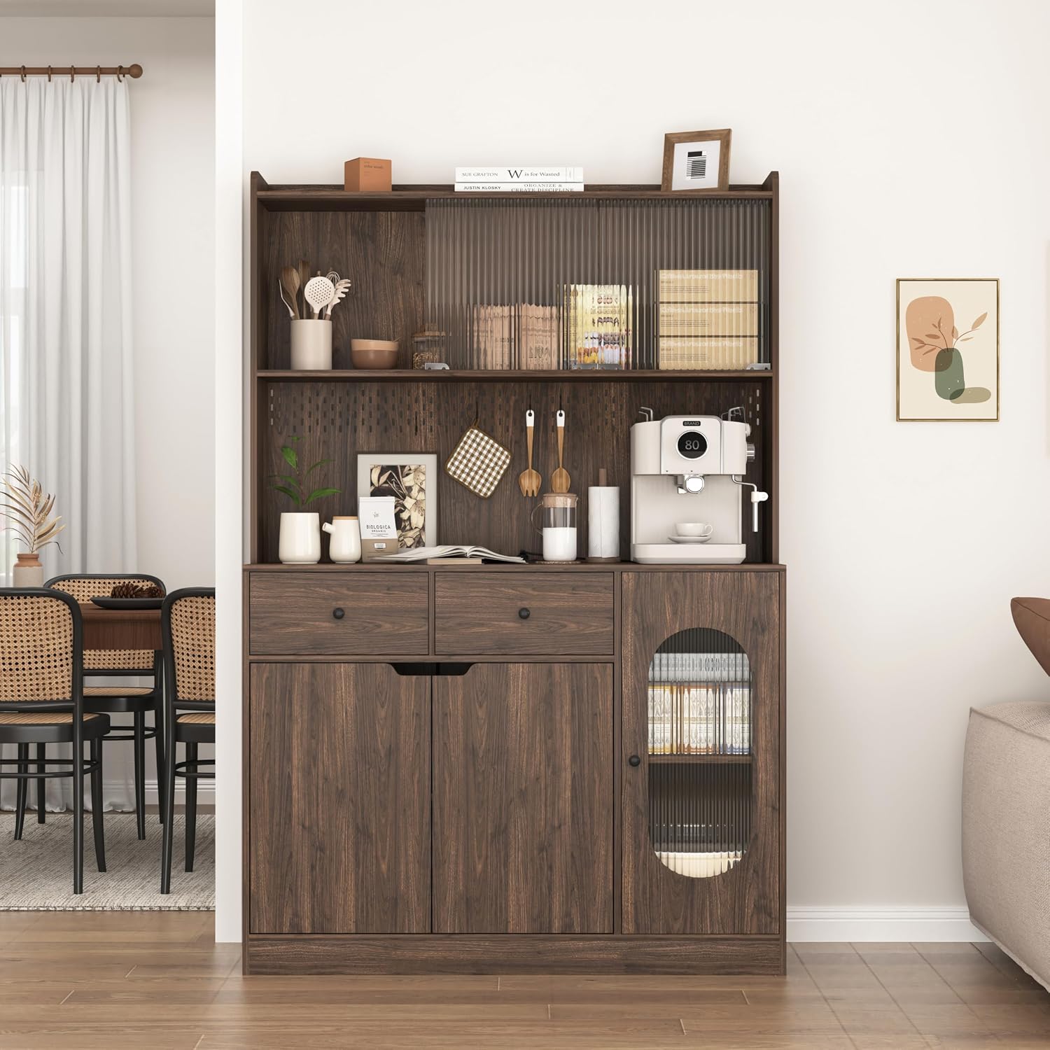 71' Tall Kitchen Pantry Storage Cabinet, Large Capacity Display Cabinet with Reeded Glass Doors and Microwave Stand, Bakers Racks with Storage for Kitchens, Pantry, Living Room