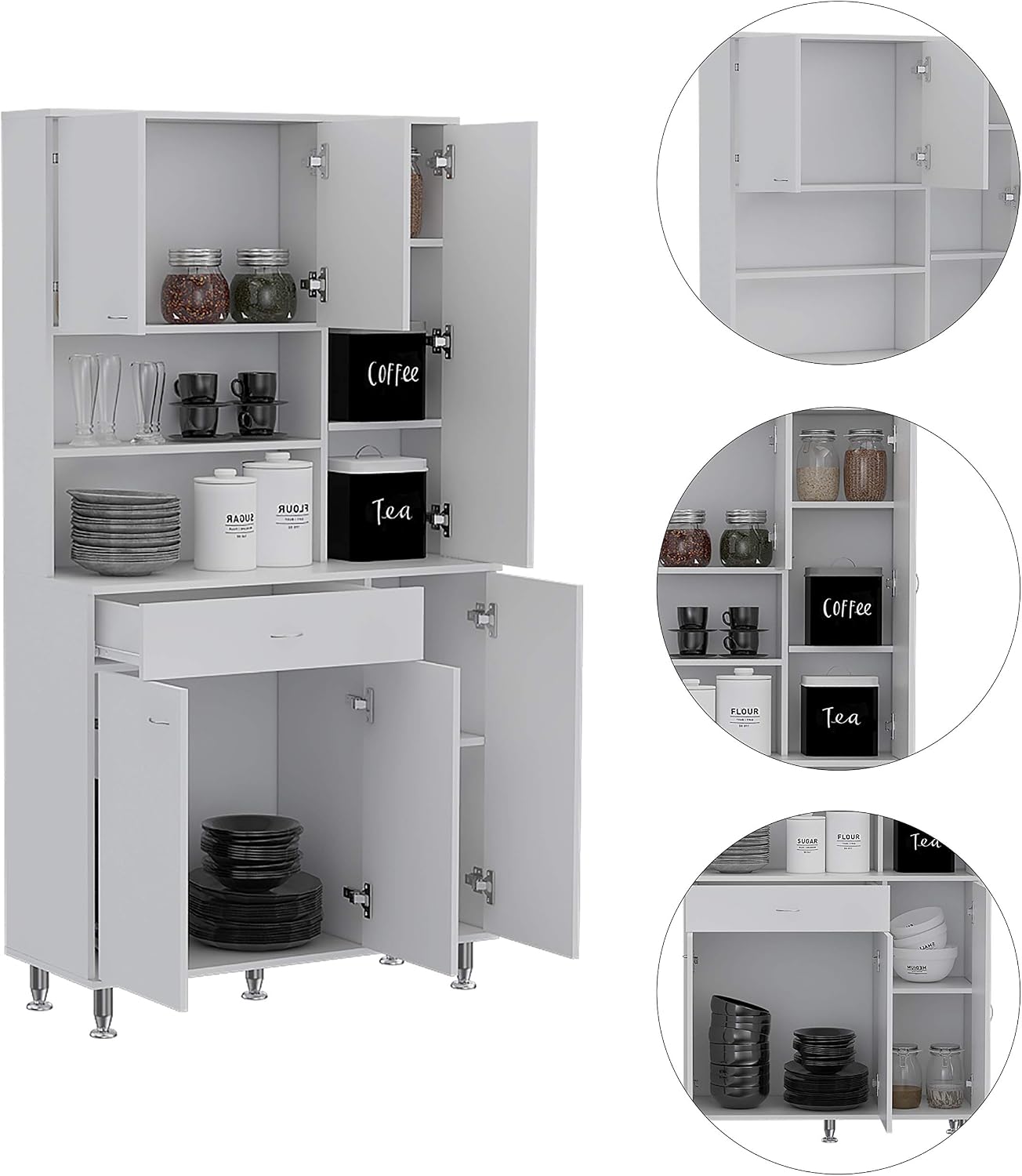 66' 10-Shelf & 1-Drawer Freestanding Storage Cabinet, Kitchen Storage Bakers Rack with 6 Covered Doors, Utility Food Cupboard for Home Kitchen Areas, White
