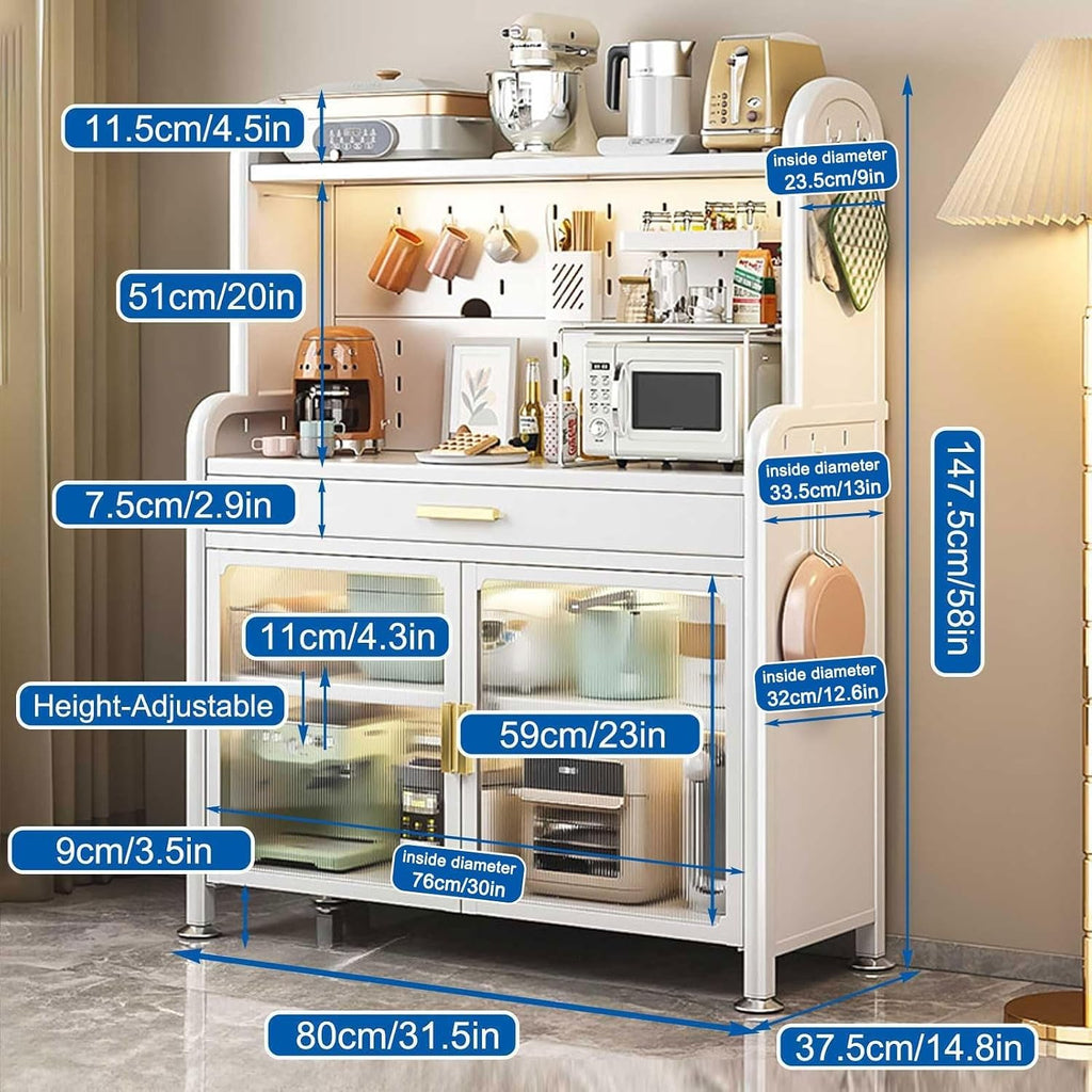 5-Tier Kitchen Bakers Rack with Drawer Coffee Cabinet Adjustable Shelf Pegboard Organizer Pantry Hutch for Home Kitchen Space Saver(147.5x80cm)