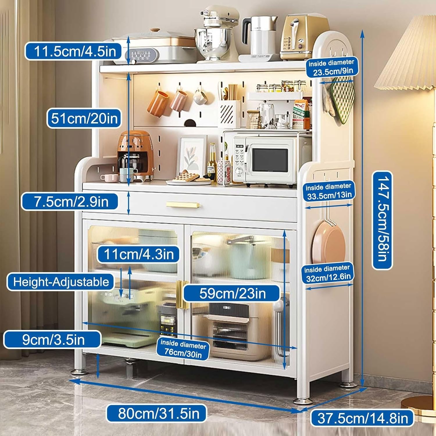 5-Tier Kitchen Bakers Rack with Drawer Coffee Cabinet Adjustable Shelf Pegboard Organizer Pantry Hutch for Home Kitchen Space Saver(147.5x80cm)