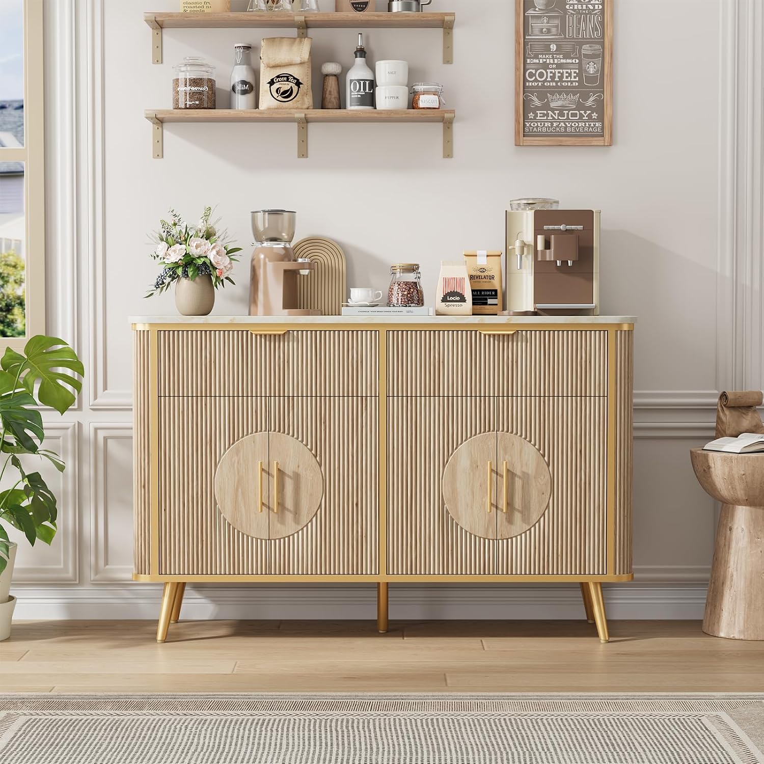 47.2' Buffet Storage Cabinet, Modern Fluted Coffee Bar Station with 2 Drawers & Adjustable Shelves, Kitchen Sideboard Buffet for Dining Room, Living Room, Hallway, Natural Oak
