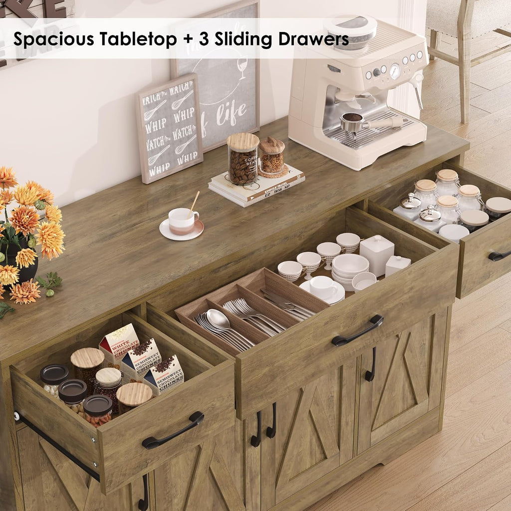 HOSTACK Buffet Sideboard Cabinet with Drawers, 55' Large Buffet Storage Cabinet with Shelves and Doors, Modern Farmhouse Coffee Bar Station Wood Kitchen Table for Kitchen, Dining Room, Rustic Brown