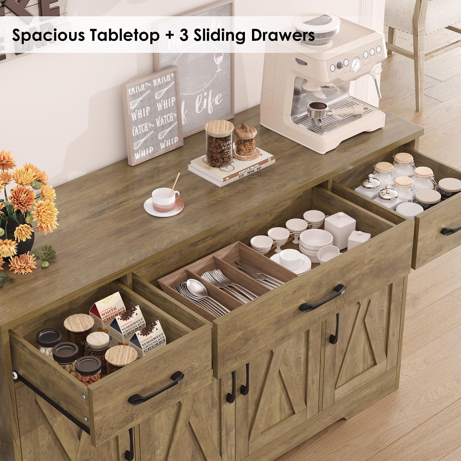 HOSTACK Buffet Sideboard Cabinet with Drawers, 55' Large Buffet Storage Cabinet with Shelves and Doors, Modern Farmhouse Coffee Bar Station Wood Kitchen Table for Kitchen, Dining Room, Rustic Brown