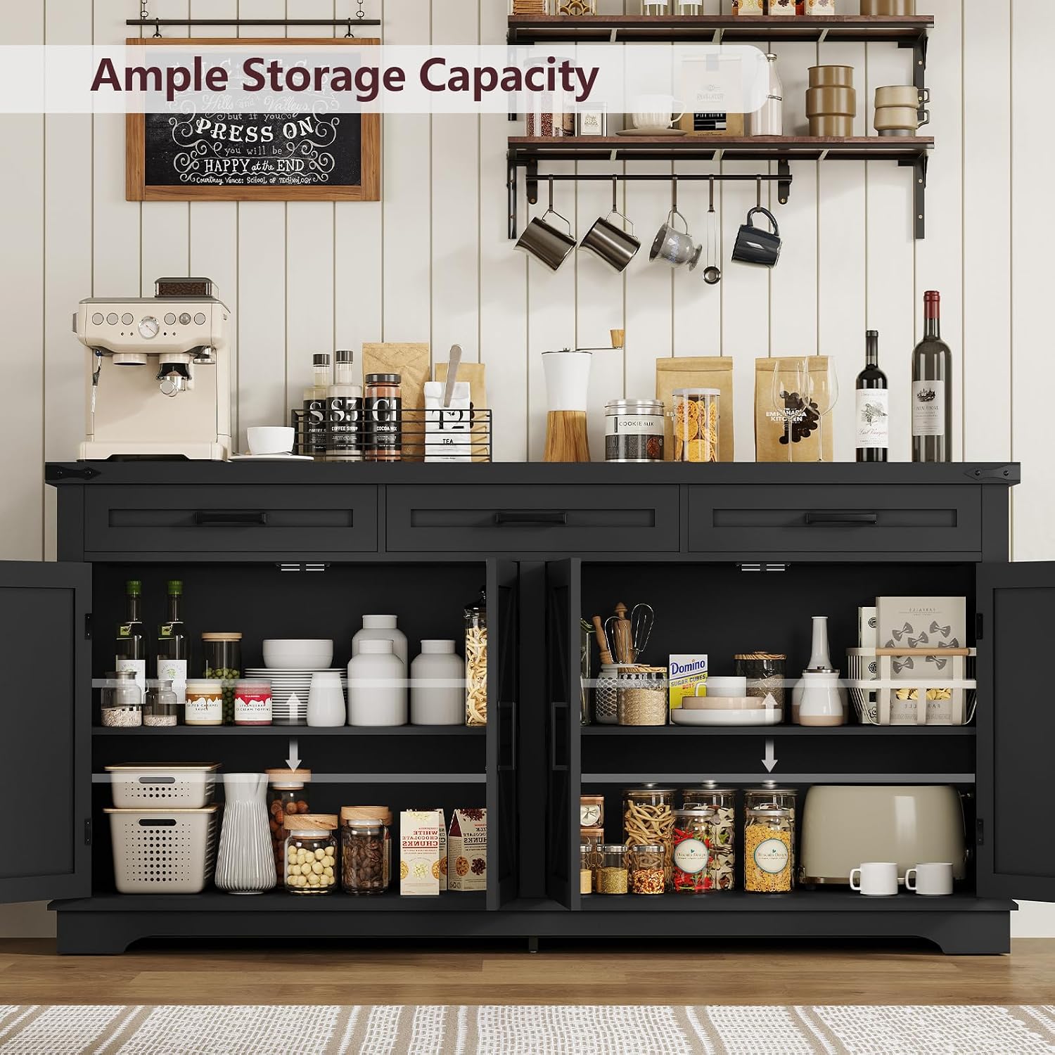 usikey Buffet Cabinet, 61' Large Sideboard Buffet Storage Cabinet with 3 Drawers, Farmhouse Coffee Bar with 4 Doors, for Kitchen, Living Room, Black