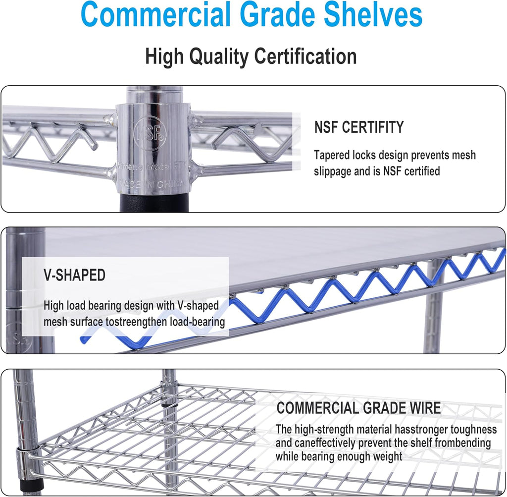 Heavy-Duty 6-Tier NSF Commercial Shelving Unit - 6000LB Capacity Adjustable Metal Storage Rack with Wheels, 84' H x 48' L x 20' D, Steel Wire Shelving for Warehouse/Garage/Restaurant (Chrome)