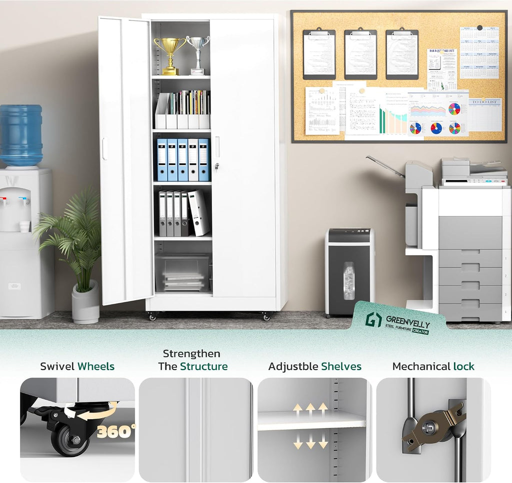Greenvelly 73' Rolling Storage Cabinet,White Metal Garage Cabinet with Locking Doors and 4 Adjustable Shelves for Home,Kitchen,Office,Warehouse(32' W x 16' D,Wheels)