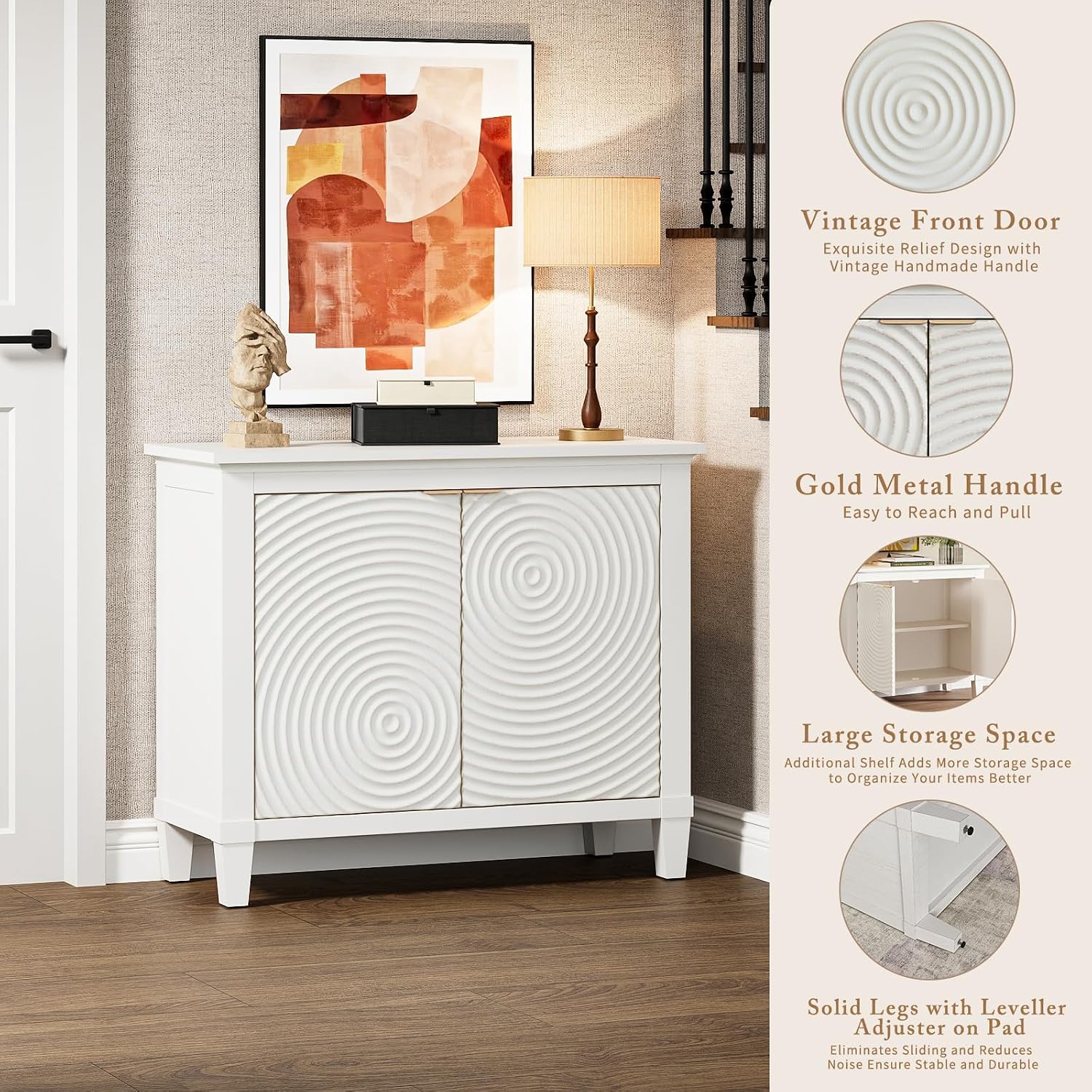 40' Coffee Bar Cabinet with Shelf, Craft Storage Cabinet with Doors, Wood Cabinet, Charming Carved Motif, Entry Way Cabinet with Storage, Sideboard Buffet for Living Room (Annual rings, White)