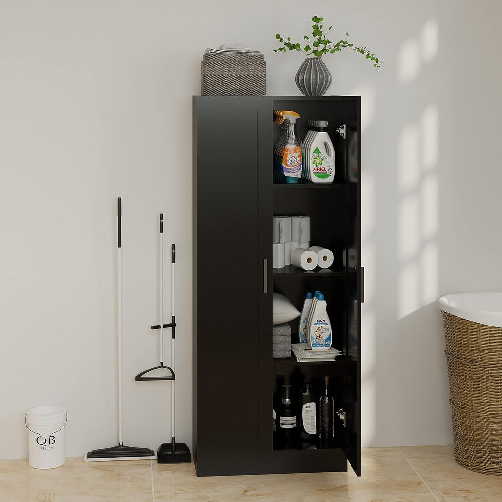 Panana Wooden Storage Cabinet, Narrow Pantry Cabinets Free Standing Tall Storage Cabinet with 2 Doors and Shelves (Black)