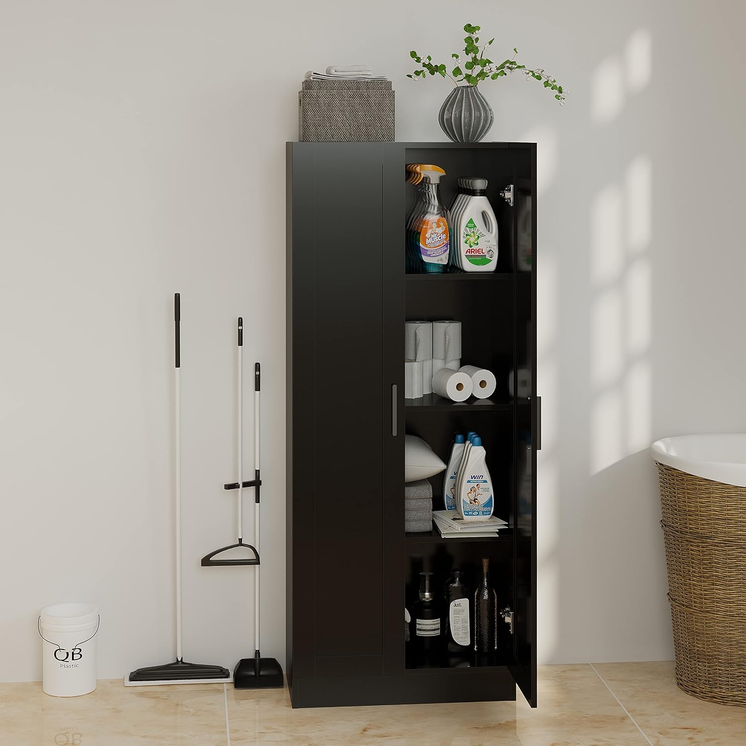 Panana Wooden Storage Cabinet, Narrow Pantry Cabinets Free Standing Tall Storage Cabinet with 2 Doors and Shelves (Black)