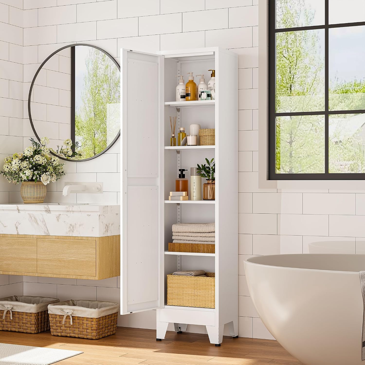 Narrow Bthroom Storage Cabinet Tall Metal Storage Cbinets with 4 Adjustable Shelves Freestanding 5 Tier Slim Pantry Cabinet for Kitchen Office Small Space