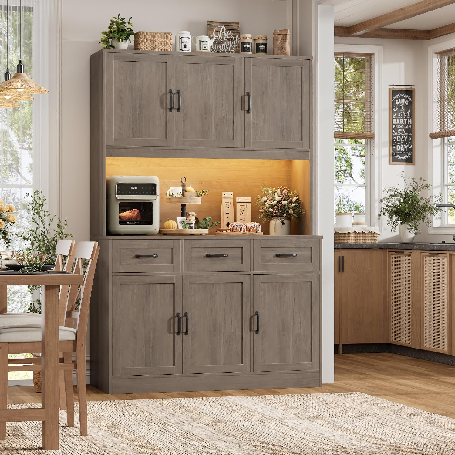 HOSTACK 72' Tall Kitchen Pantry Cabinet with Charing Station | LED Lights, 47' W Kitchen Pantry Storage Cabinet with Countertop, Modern Kitchens Hutch Cabinets with Storage for Dining Room, Ash Gray