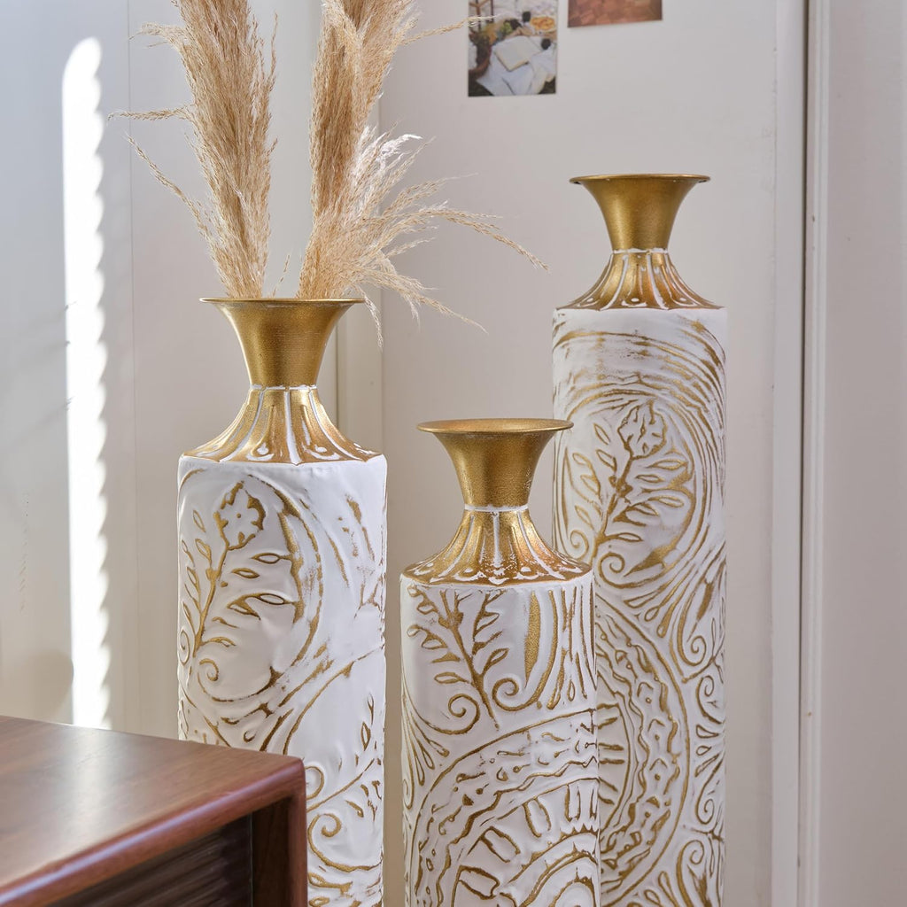 Tall Large Floor Vases Home Decor Set of 3 White and Gold Flower for Wedding Living Room Luxury Dried Flowers Antique Worn Vases 24'/28.7'/33.5' Height