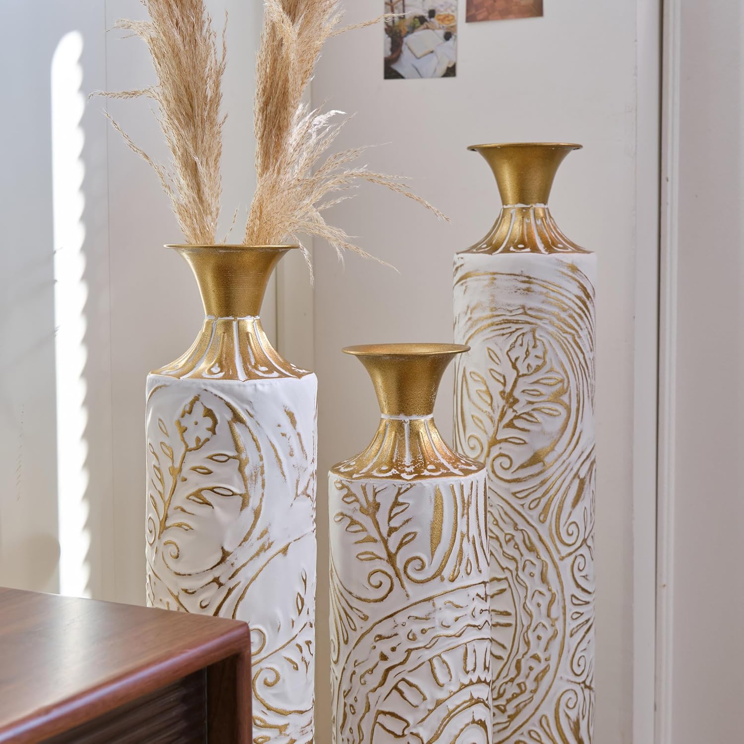Tall Large Floor Vases Home Decor Set of 3 White and Gold Flower for Wedding Living Room Luxury Dried Flowers Antique Worn Vases 24'/28.7'/33.5' Height
