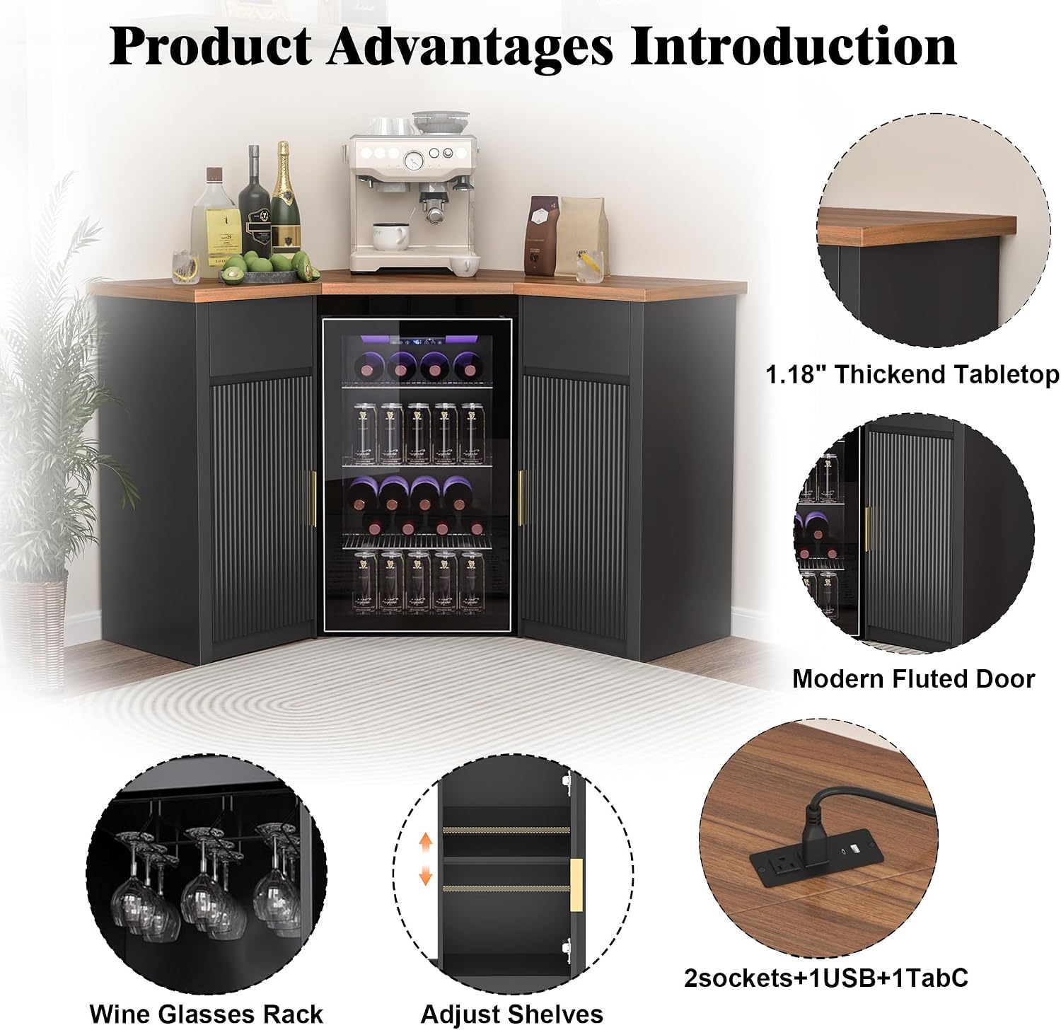 GDLF Corner Bar Cabinet with Fridge Space, Corner Coffee Bar Station with Storage, L Shaped Liquor Wine Cabinet for Home