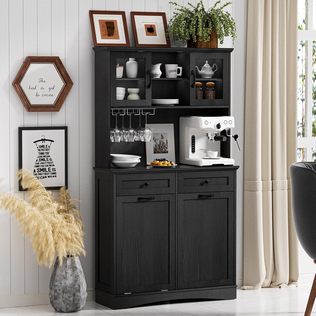 Tilt Out Trash Cabinet, Kitchen Pantry Storage Cabinets with Adjustable Shelves and Drawers, Wooden Freestanding Cabinet Trash Cans for Kitchen Living Room Dining Room, Black, 13 Gallons