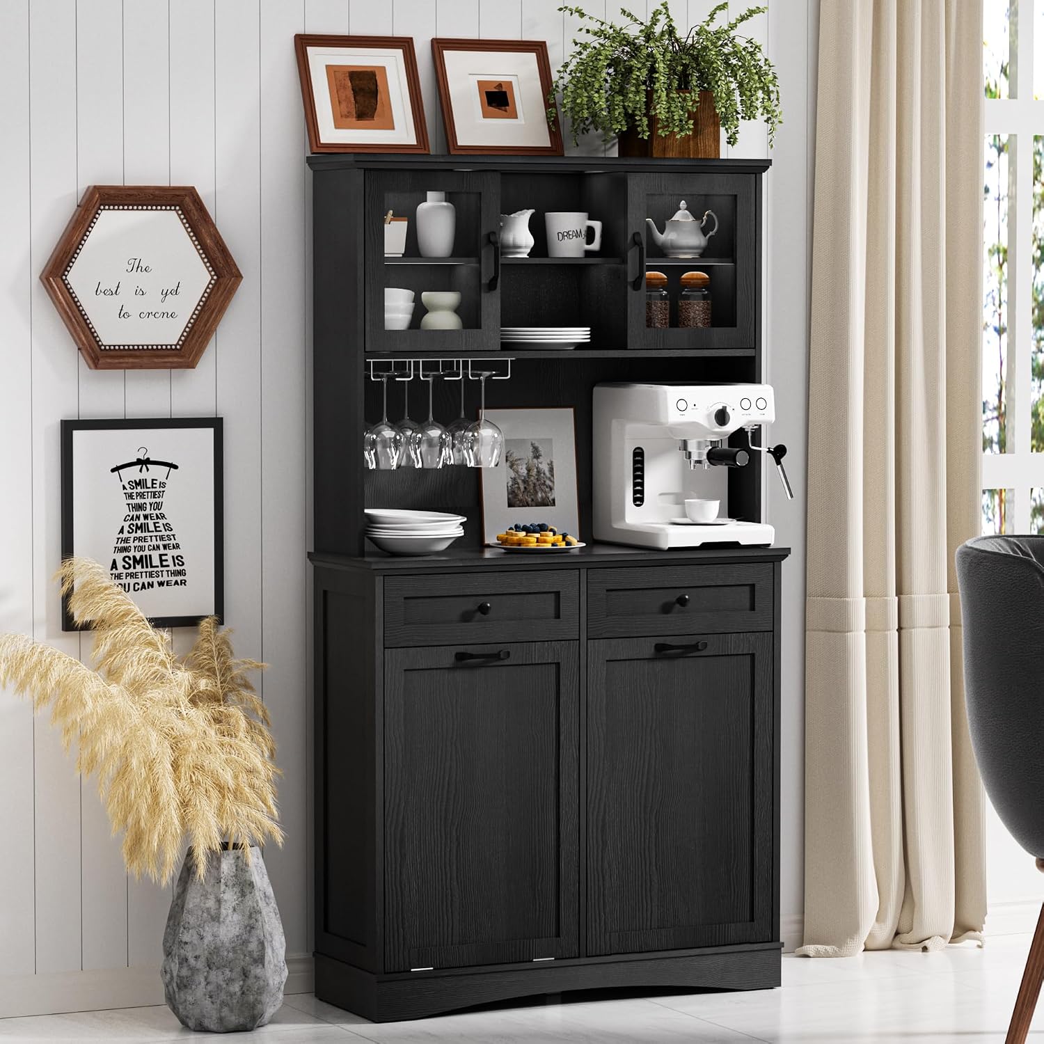 Tilt Out Trash Cabinet, Kitchen Pantry Storage Cabinets with Adjustable Shelves and Drawers, Wooden Freestanding Cabinet Trash Cans for Kitchen Living Room Dining Room, Black, 13 Gallons