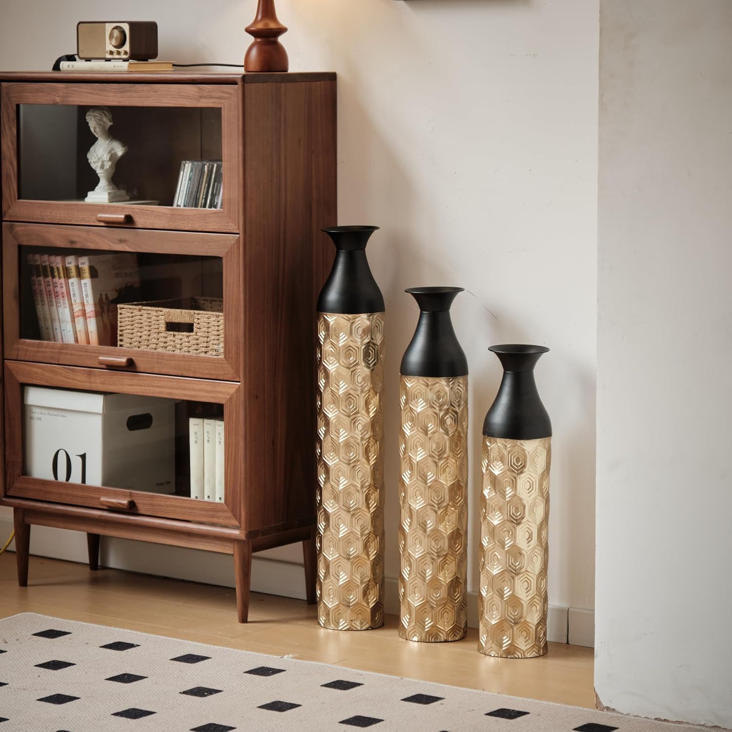 Floor Vases Decorative Tall - 24.8/29.1/33.8 in Metal Cylinder Vases Extra Large Decorative Vase Set of 3 Living Room Luxury Big Standing Decor for Dining Bedroom Home Corner Indoor